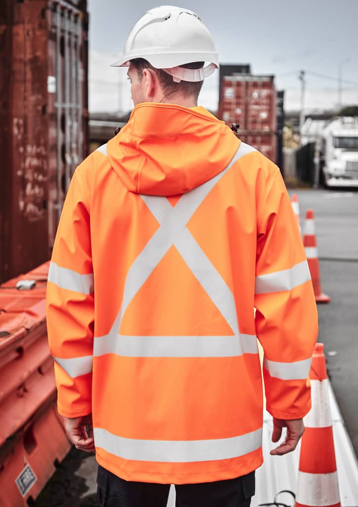 An orange waterproof jacket with reflective stripes and a hood, worn by a person facing away. It has a logo on the back.