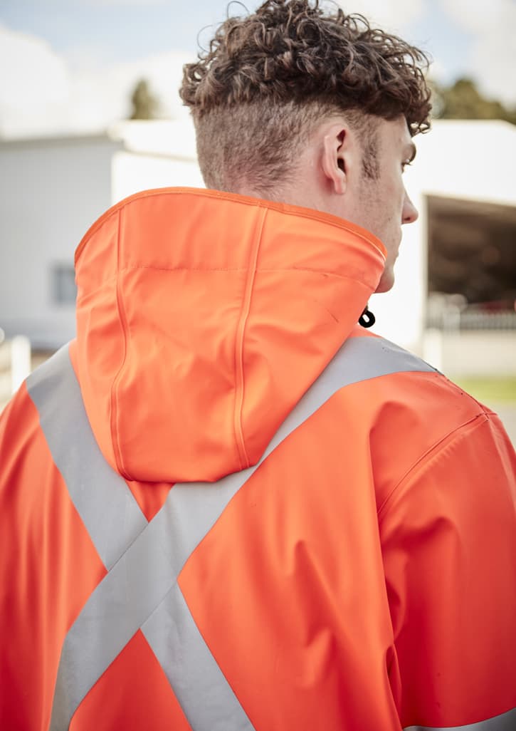 A heavy-duty waterproof jacket in bright orange with reflective silver X-back detailing, featuring a hood.