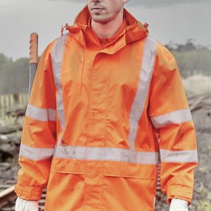 An orange waterproof jacket with reflective stripes, worn by a man in a hard hat and gloves, set against a cloudy background.