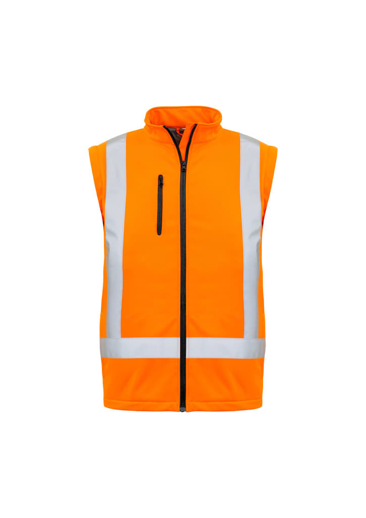 An orange softshell vest with reflective stripes and a zip-up front, featuring a pocket on the chest.