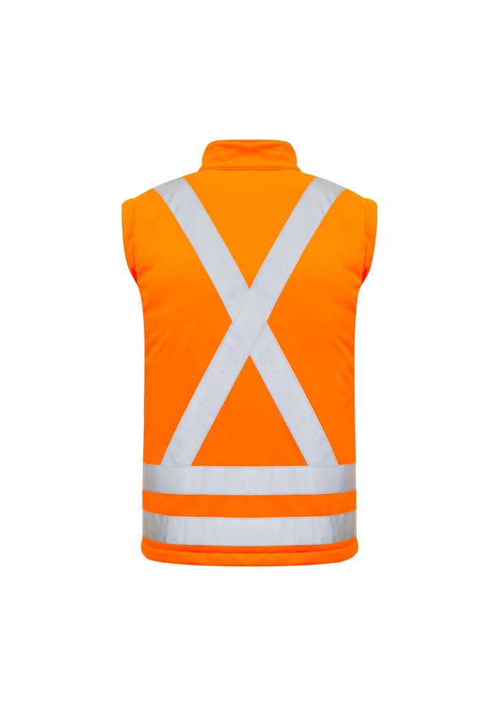 A high-visibility orange softshell jacket featuring reflective crossback and stripe designs. It has a logo on the front.