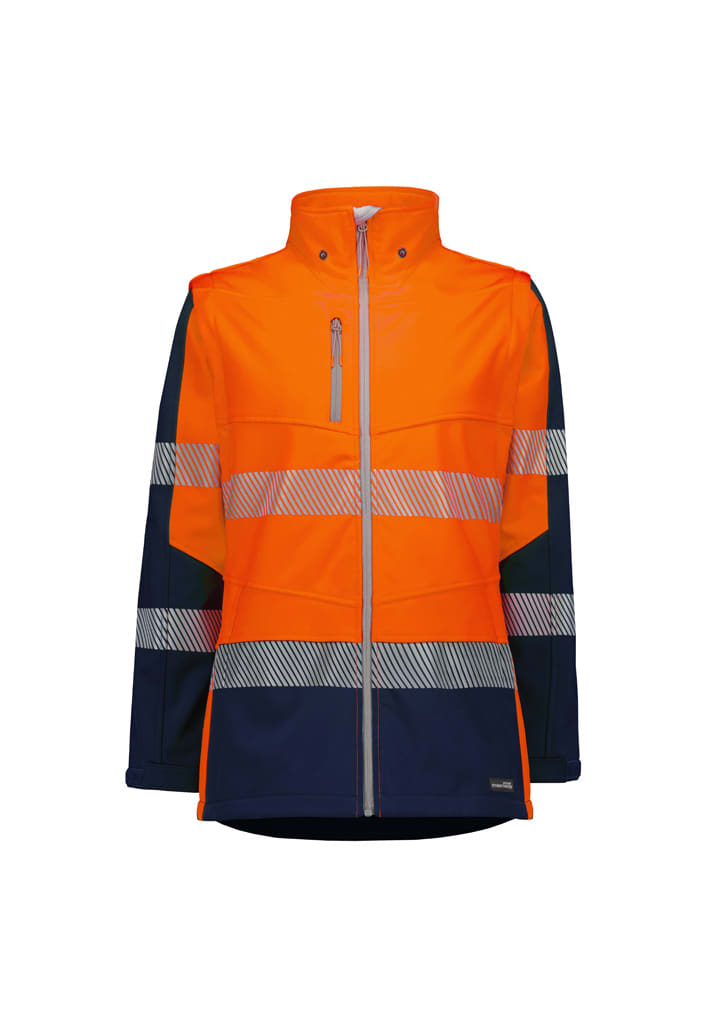 A women's 2-in-1 stretch softshell jacket in orange and navy, featuring reflective stripes and a branded logo.