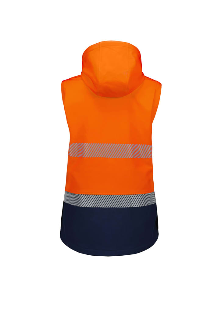 A women's 2-in-1 stretch softshell jacket in orange and navy, featuring a hood and reflective stripes.