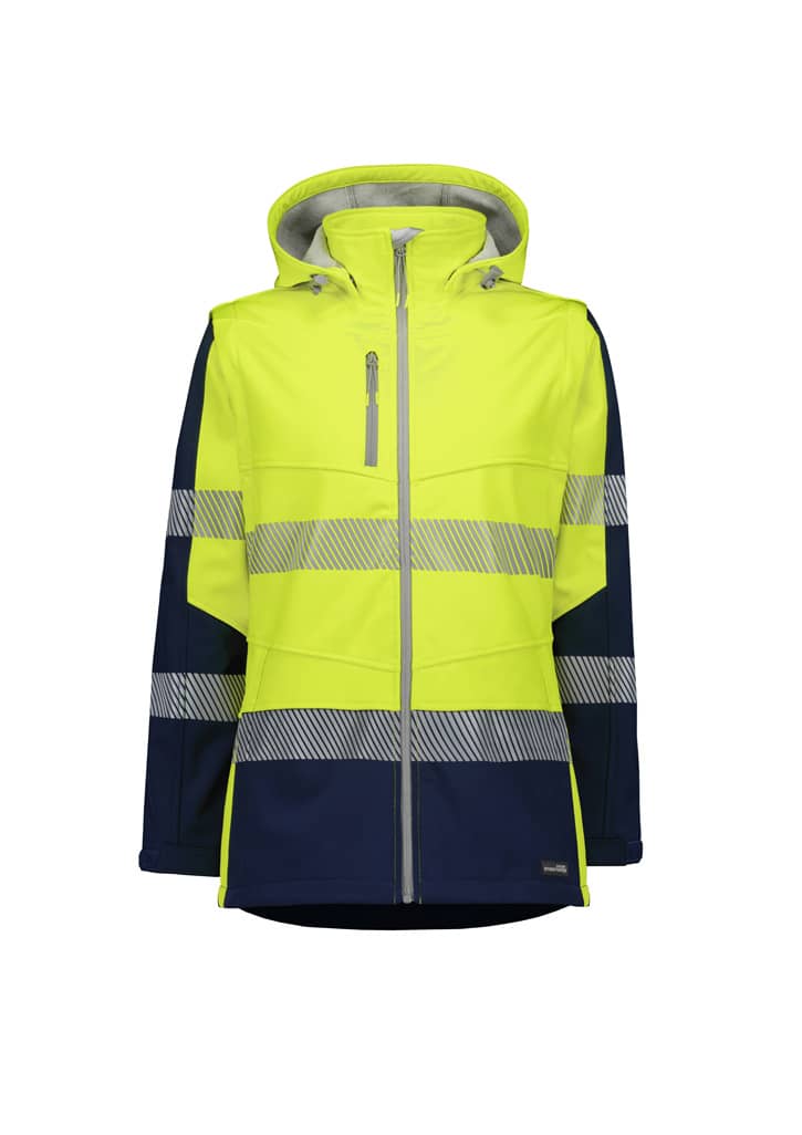 A high visibility women's softshell jacket in bright yellow and navy, featuring reflective stripes and a hood.