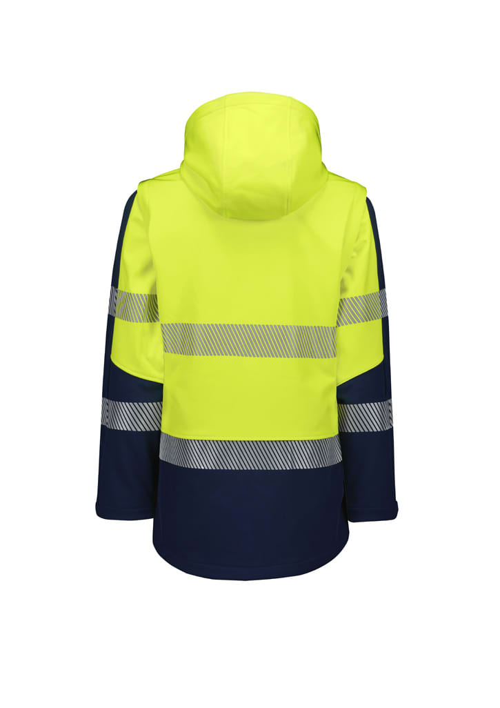 A women's softshell jacket in fluorescent yellow and navy, featuring reflective stripes and a hood.