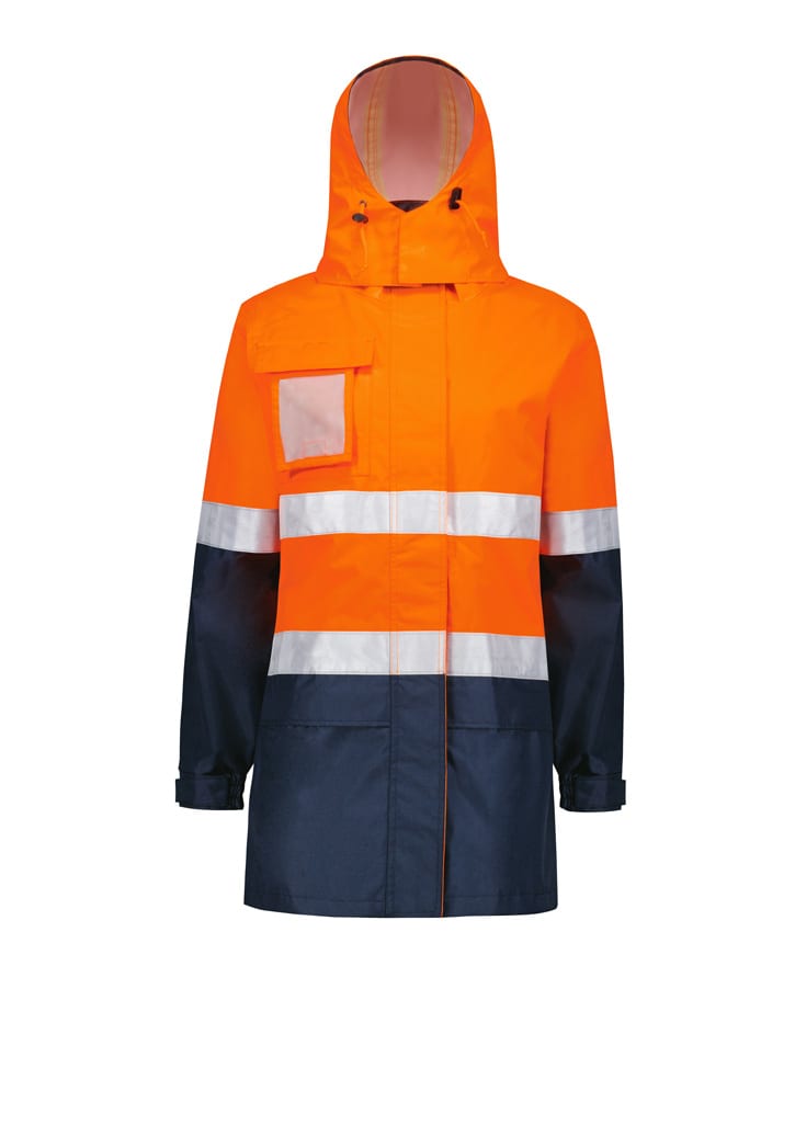 A waterproof jacket in high visibility orange and navy, featuring reflective stripes and a hood. It has a front pocket and branding.