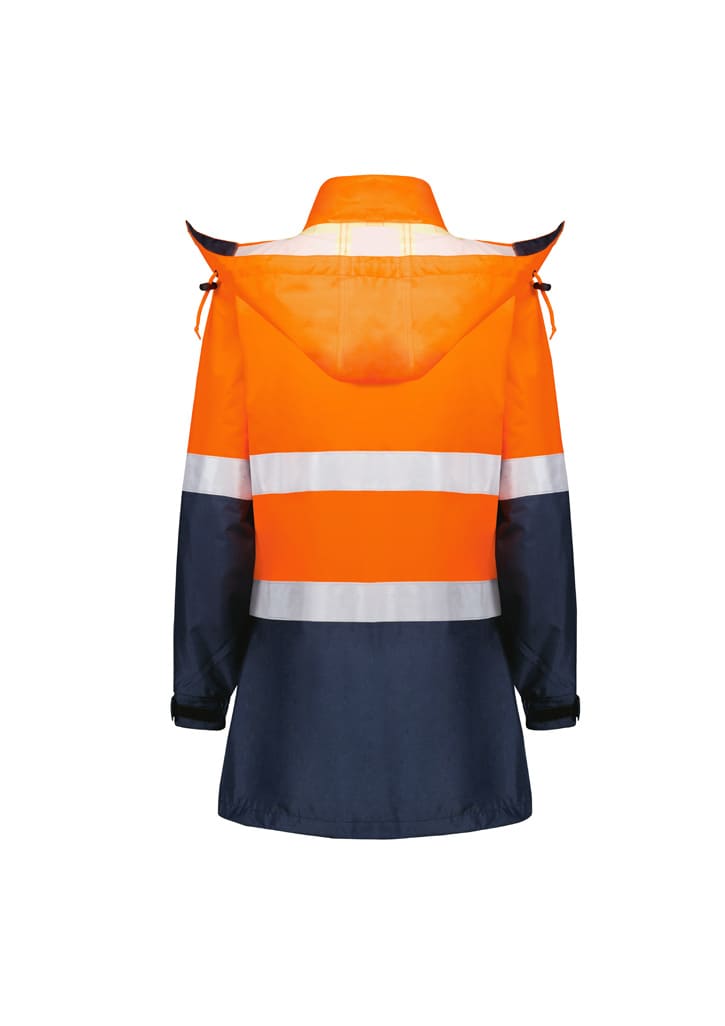 A women's waterproof jacket in hi-vis orange and navy, featuring reflective stripes and a hood, with a logo present.