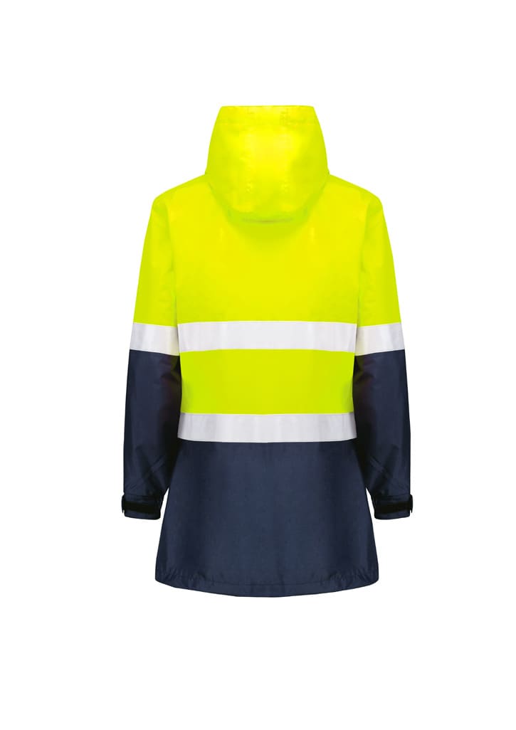 A women's hi-vis ultralite waterproof jacket in bright yellow and navy, featuring reflective stripes and a hood.