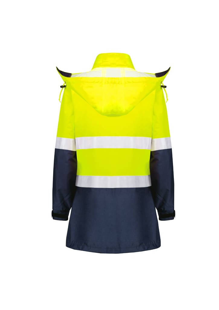 A waterproof women's jacket featuring high visibility yellow and navy blue colours, with reflective stripes and a hood.