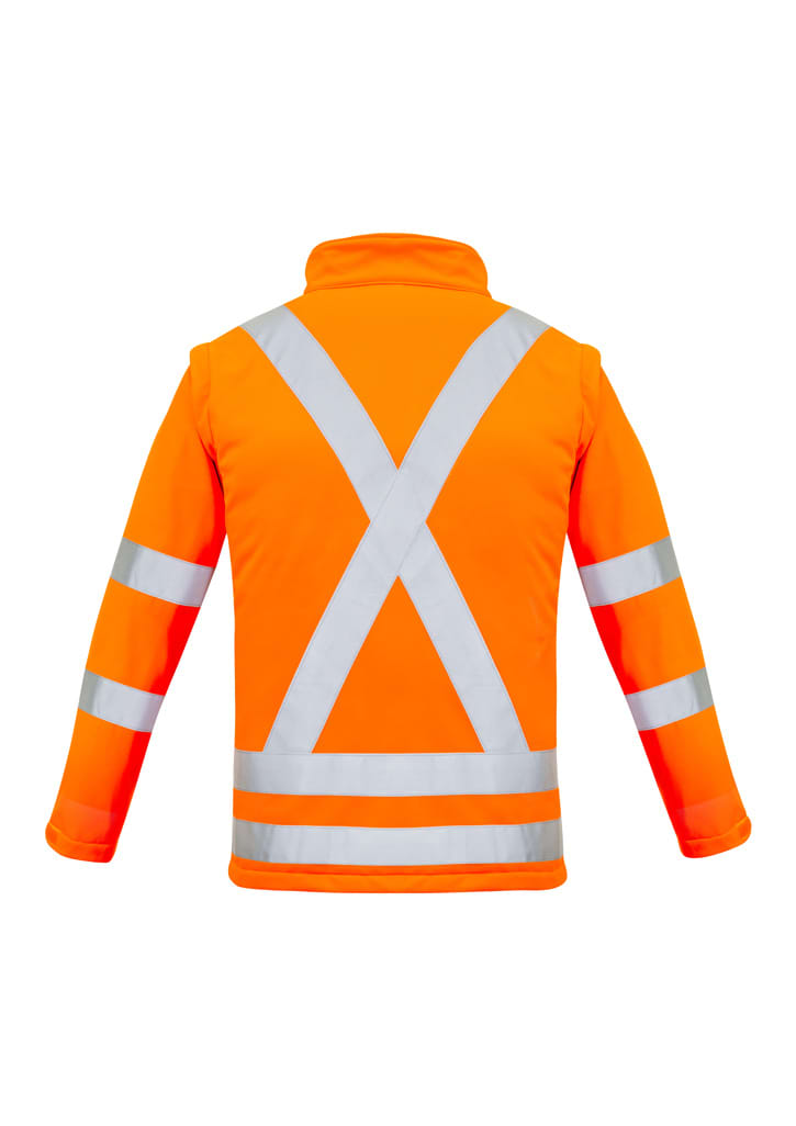 A bright orange softshell jacket featuring reflective X-back stripes and sleeves. The jacket has a collar and a logo.