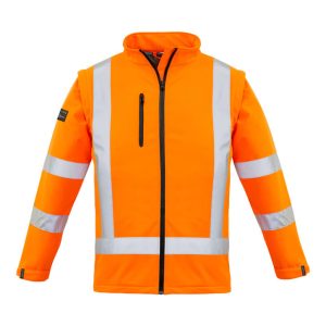 A high visibility orange softshell jacket with reflective stripes, featuring a zip pocket and a collar.