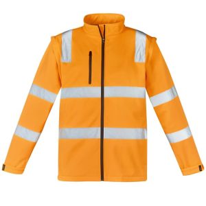 A bright orange softshell jacket featuring reflective strips, with a zippered front and a logo on the chest.