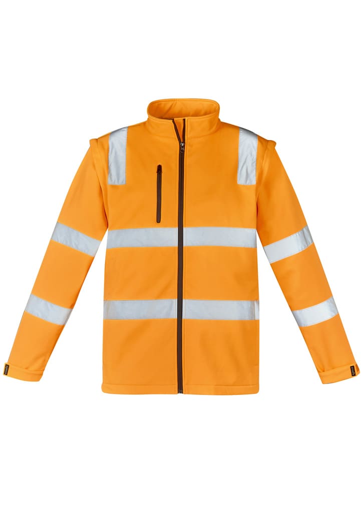 A bright orange softshell jacket featuring reflective strips, with a zippered front and a logo on the chest.