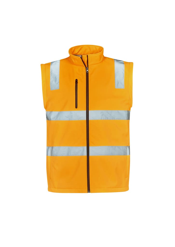 A unisex hi-vis softshell jacket in bright yellow with reflective strips and a zippered pocket.