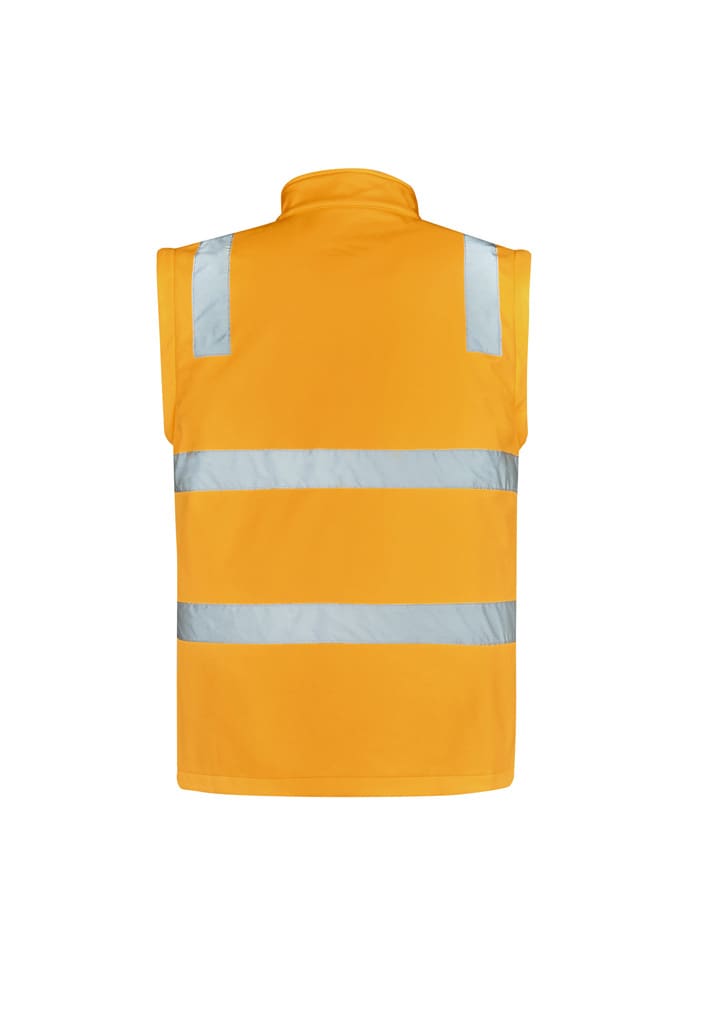 A bright yellow unisex hi-vis softshell jacket with reflective stripes on the back, featuring no sleeves.