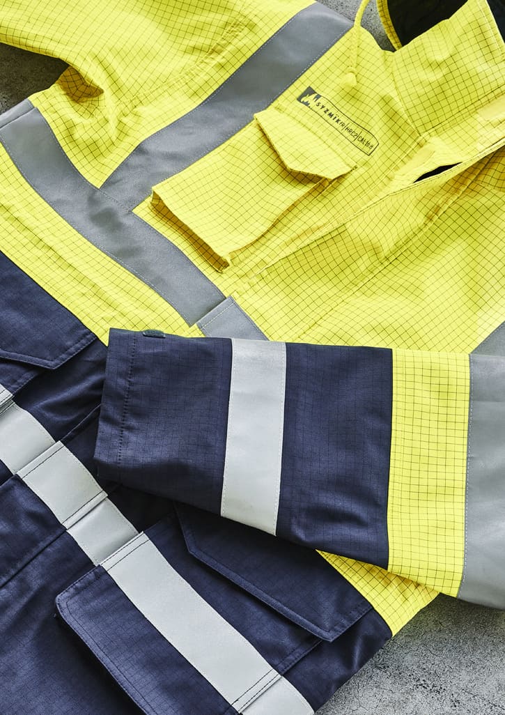 A high-visibility yellow and navy jacket featuring reflective strips and a brand logo.