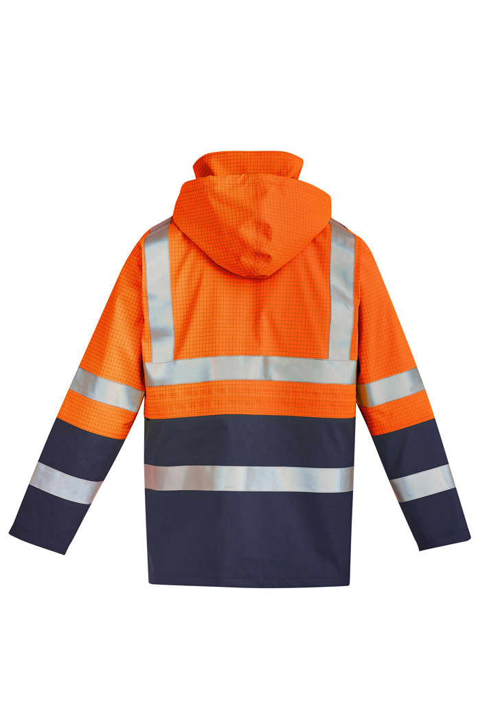 A waterproof jacket in orange with reflective stripes and a hood, designed for workwear purposes. It features a logo.
