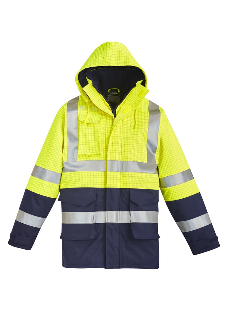 High-visibility jacket in bright yellow with navy accents, featuring reflective stripes and a hood. Includes pockets and a logo.