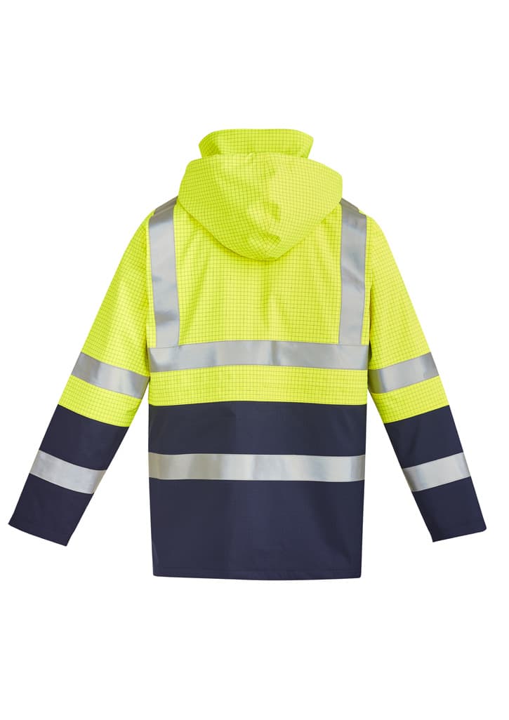 A high-visibility jacket in bright yellow and navy, featuring reflective strips and a hood for safety.