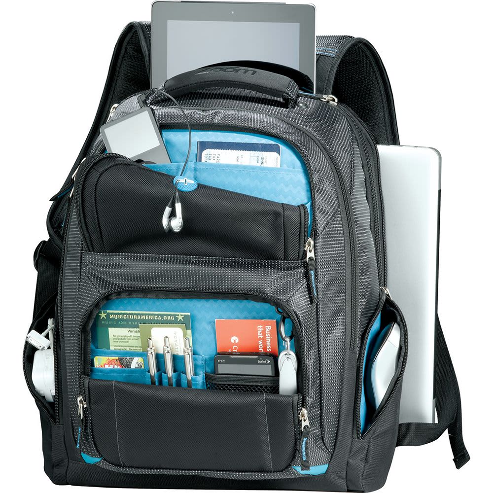 A black backpack with grey accents, featuring multiple compartments and a logo. Ideal for carrying a laptop.