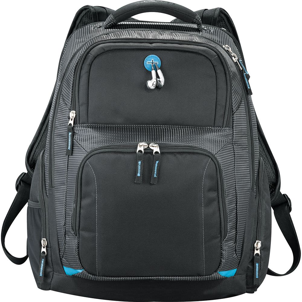 A black and grey backpack with multiple compartments, featuring a logo and a charging cable connected to a device.