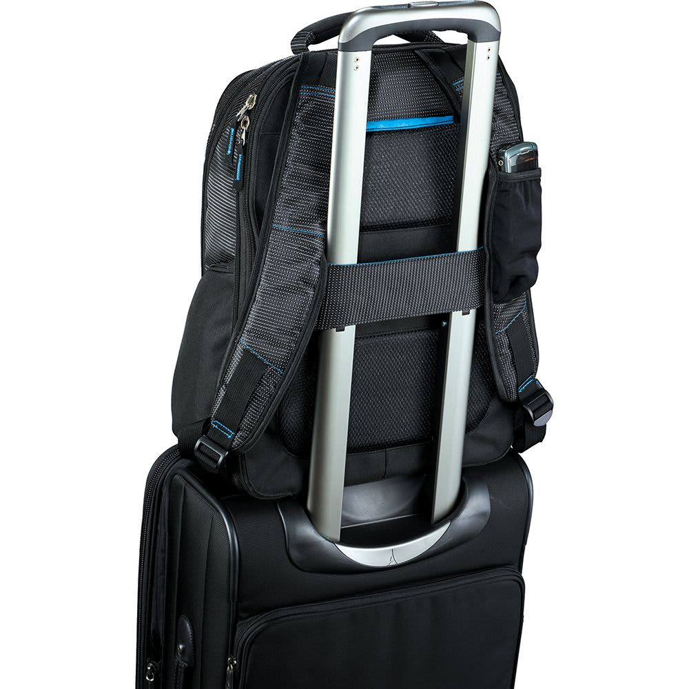 A black laptop backpack with multiple pockets and zippers, featuring a blue accent and a logo.