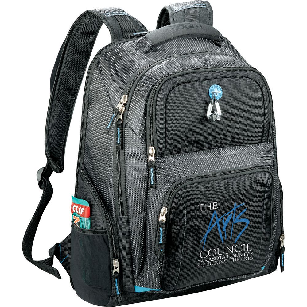 A laptop backpack featuring a black exterior with a blue interior, showcasing a tablet pocket. It has a logo.