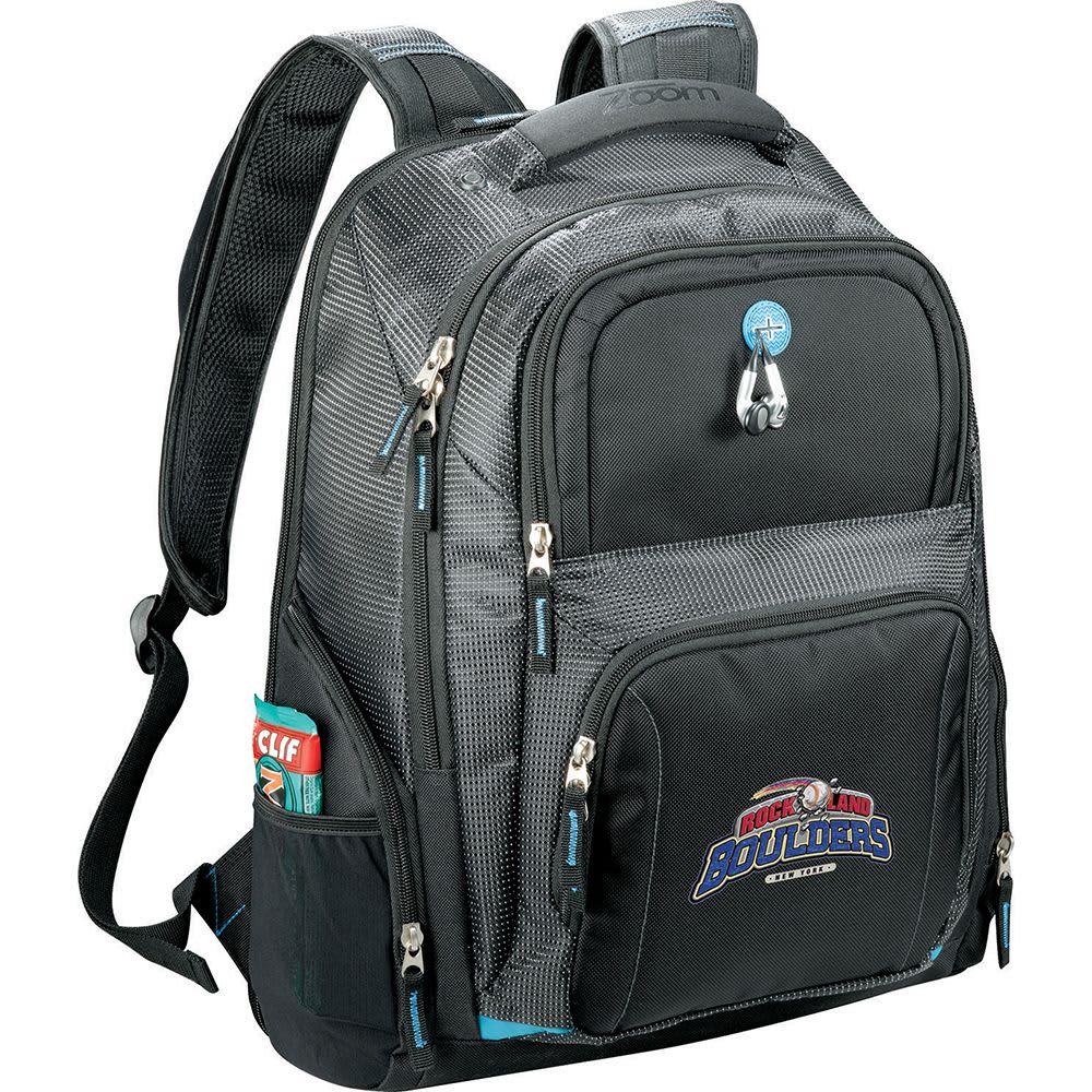 A black and teal backpack with a zipped compartment and a transparent pocket, designed for laptops.