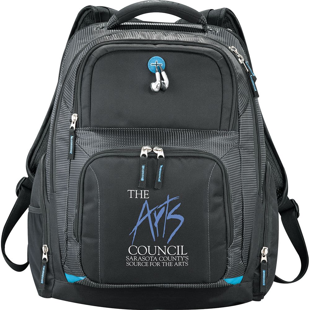 A black laptop backpack with padded straps, multiple compartments, and a logo. Features a mesh fabric design and blue accents.