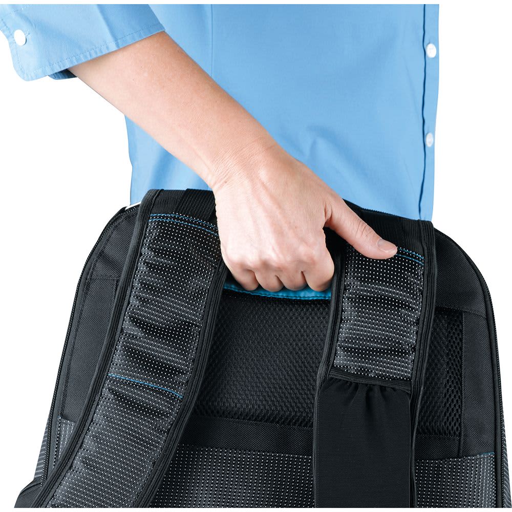 A laptop backpack featuring a blue interior and black exterior, with a padded compartment for a laptop.