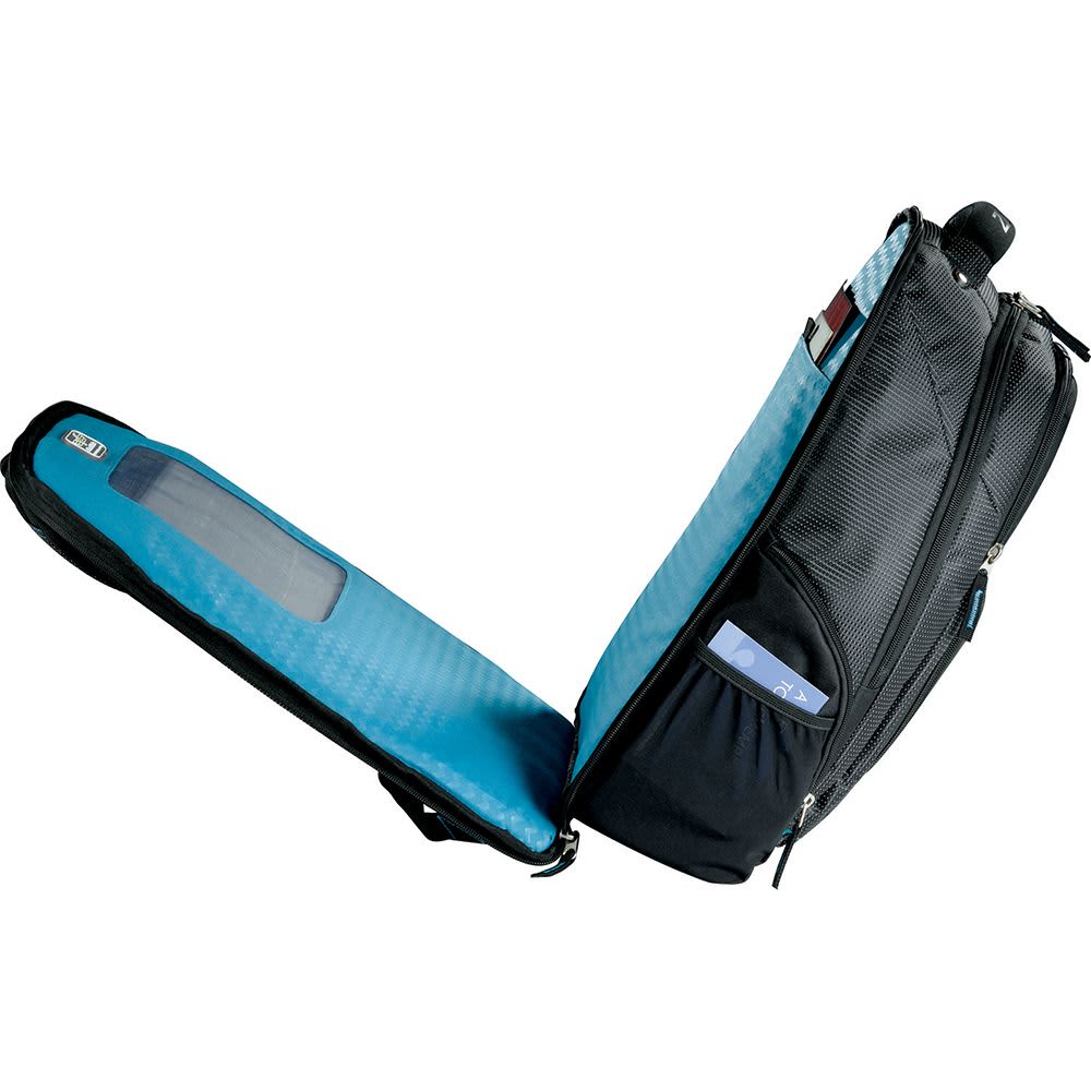 A black and blue checkpoint-friendly backpack with multiple pockets, a laptop compartment, and various accessories.