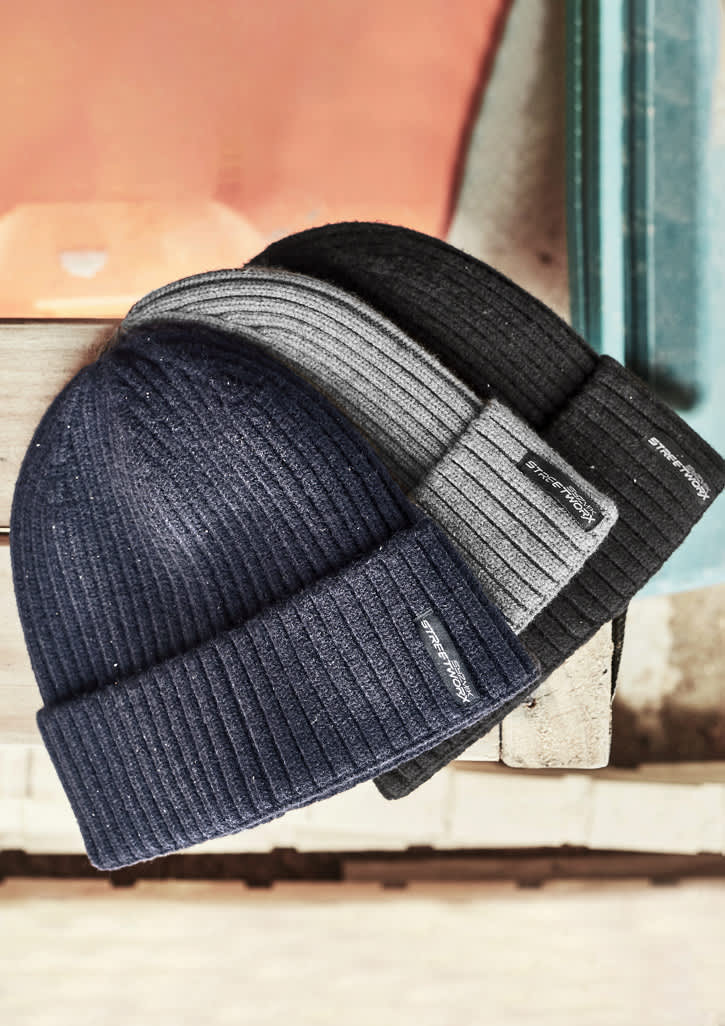 A collection of three Unisex Streetworx beanies in navy, grey, and black, featuring a logo on the band.