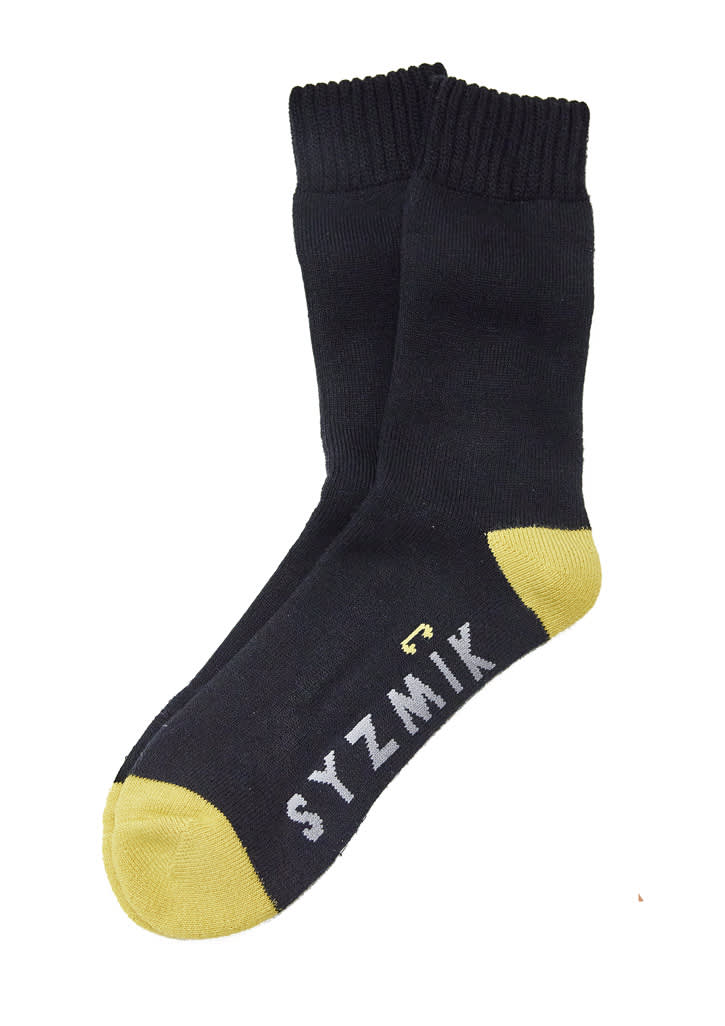 Bamboo work socks in black with a yellow toe and logo, designed for comfort and durability. Pack includes three pairs.