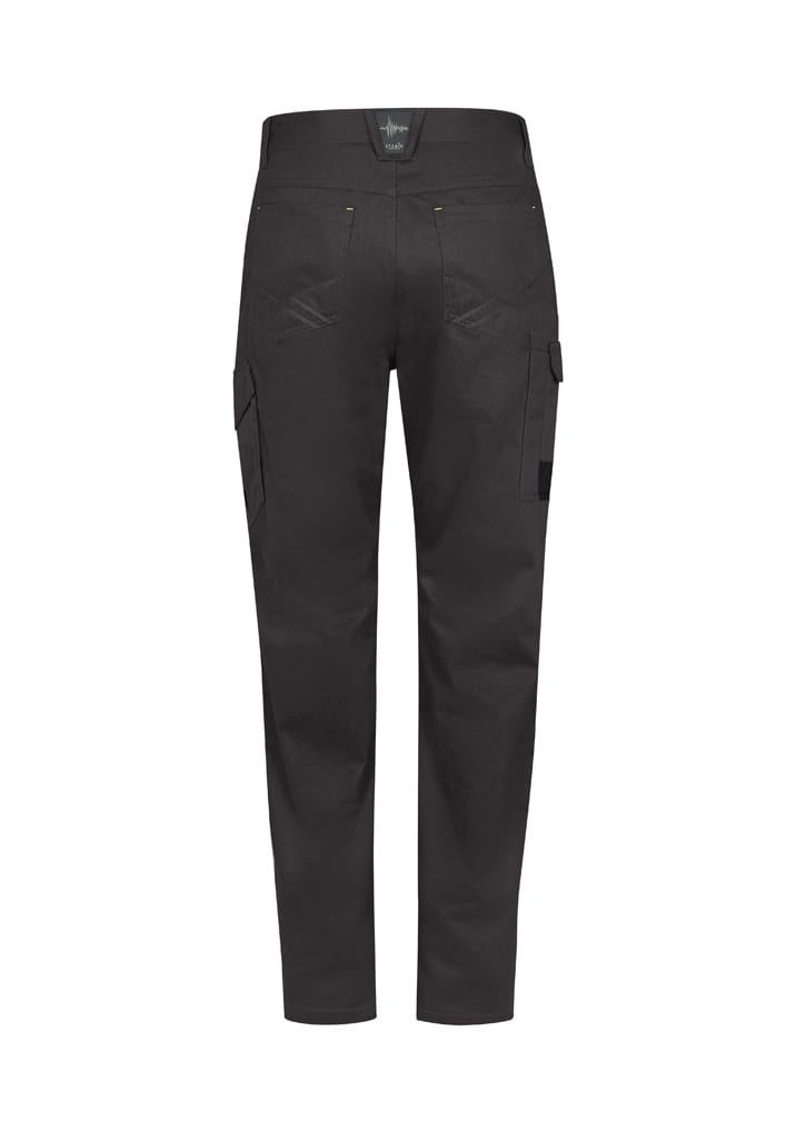Men's summer cargo pants in black with side pockets and a waistband label.