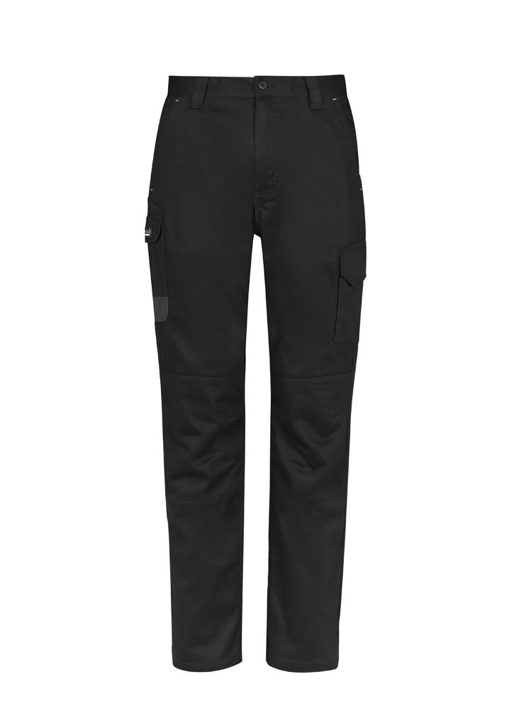 Black men's cargo pants with multiple pockets, featuring a logo. Suitable for summer wear.