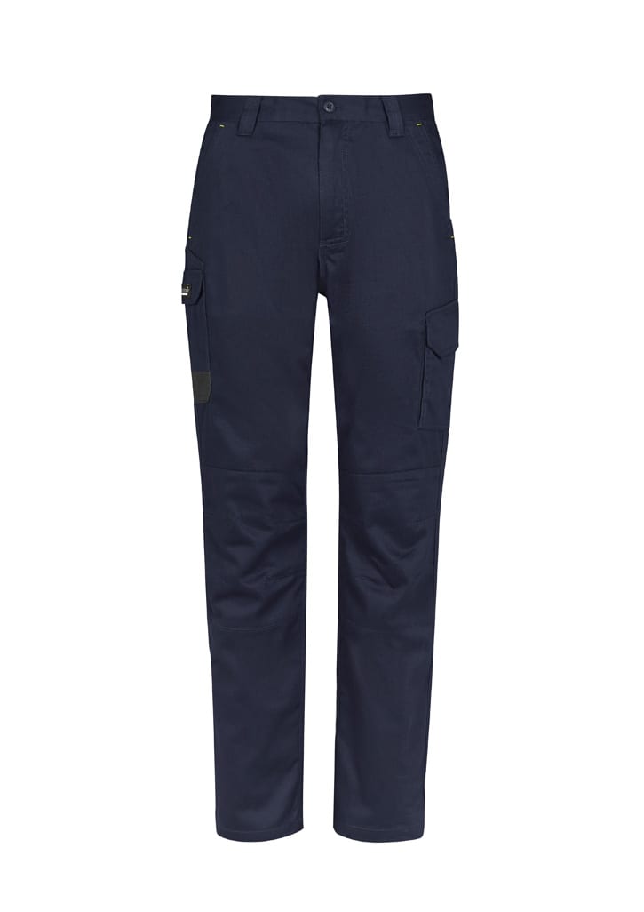 Navy men's cargo pants featuring multiple pockets and a logo, designed for comfort and practicality.