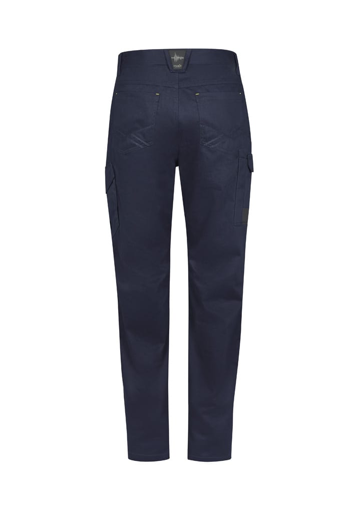A pair of navy cargo pants with side pockets and a rear logo. Suitable for men's summer wear.