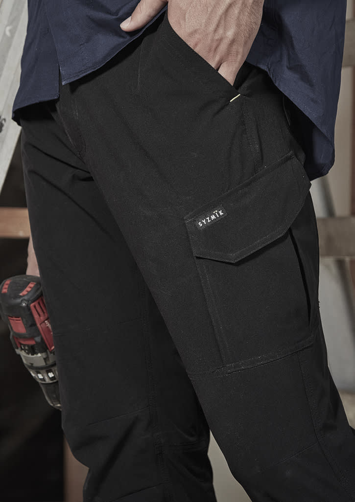 A pair of black men's lightweight cargo pants with side pockets, featuring a logo on the front.