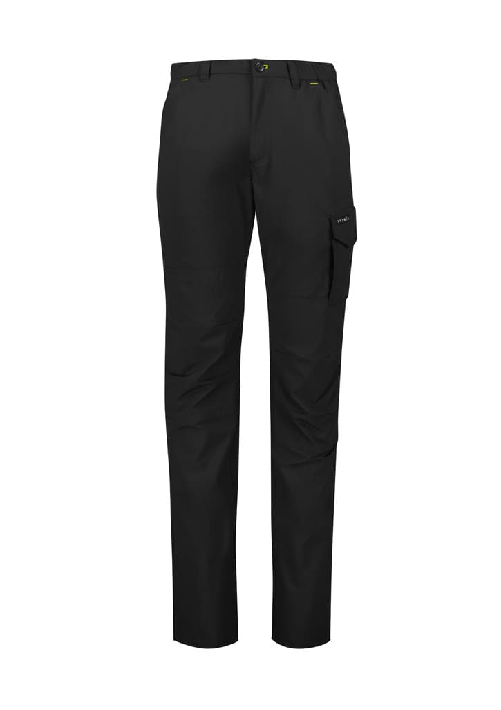 Men's lightweight cargo pants in black, featuring a cargo pocket and a logo on the design.