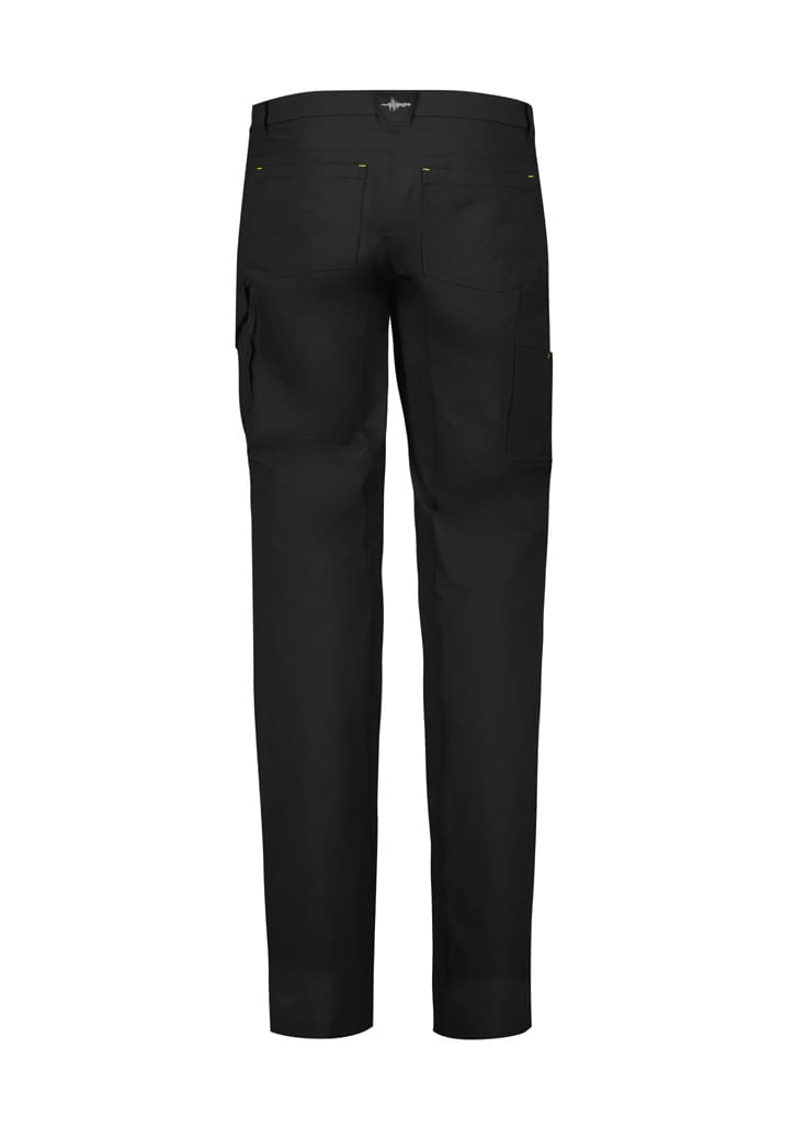 A pair of black lightweight outdoor cargo pants featuring pockets and a logo on the waistband.