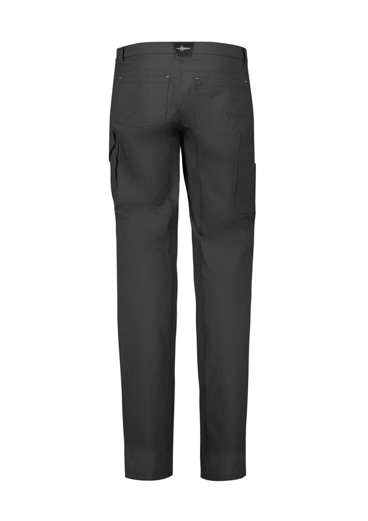 Men's lightweight cargo pants in dark grey, featuring side pockets and a branded logo on the back.
