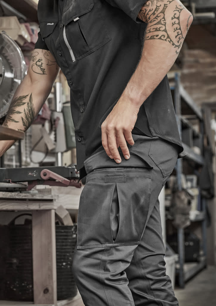 Men's essential basic stretch cargo pant in grey, featuring multiple pockets and a fitted design.