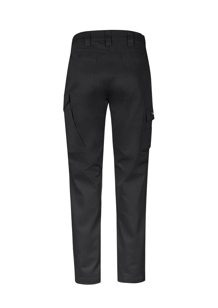 A pair of black men's stretch cargo pants featuring side pockets and a simple logo on the back.