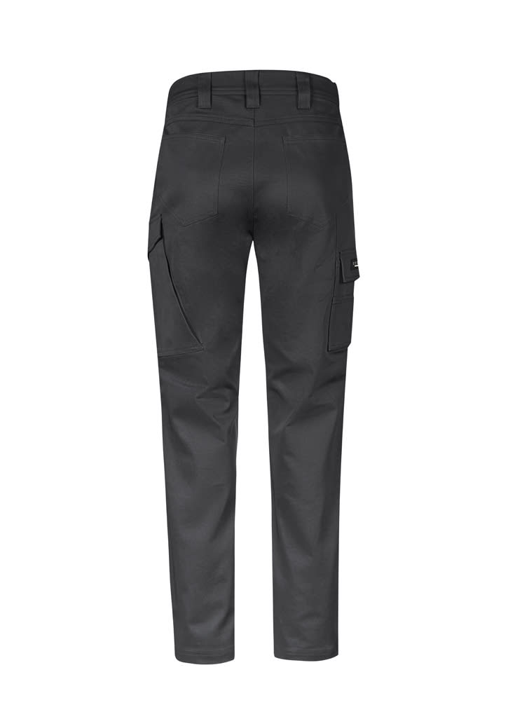 A pair of dark grey cargo pants with side pockets, featuring a logo on the back.