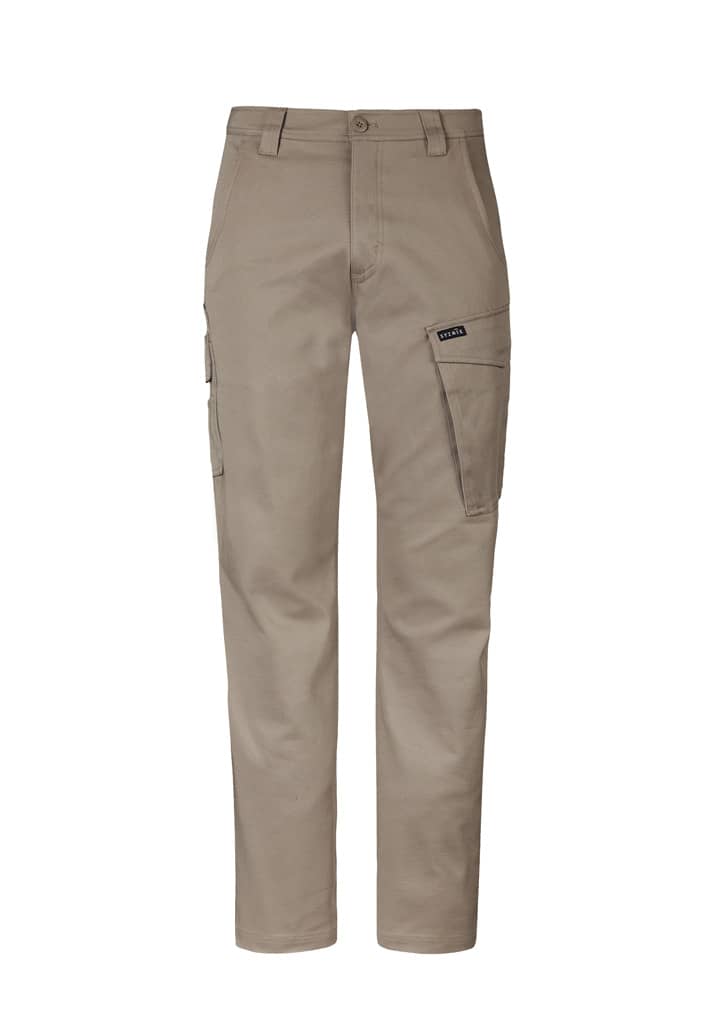 A pair of khaki men's cargo pants featuring multiple pockets and a logo.