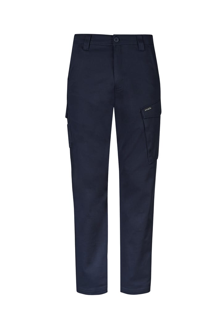 Navy cargo pants featuring side pockets and a button closure, with a branding logo. Suitable for casual wear.