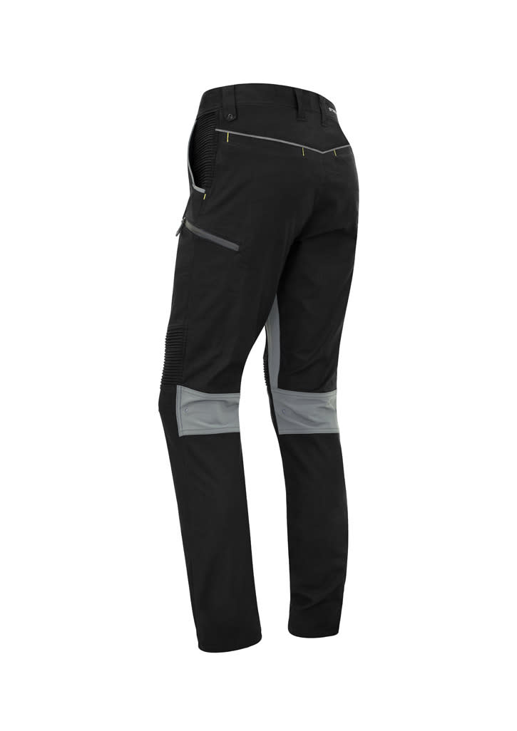A pair of black work pants featuring grey detailing and a logo, designed for comfort and flexibility.