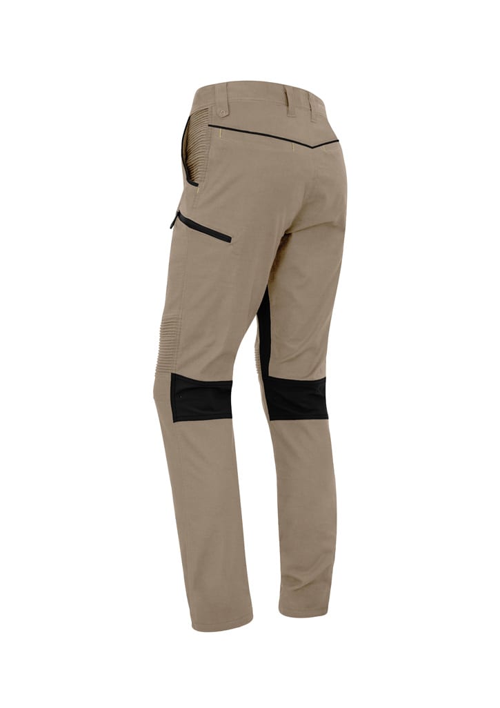 A pair of men's stretch work pants in khaki with black accents, featuring multiple pockets and a logo.