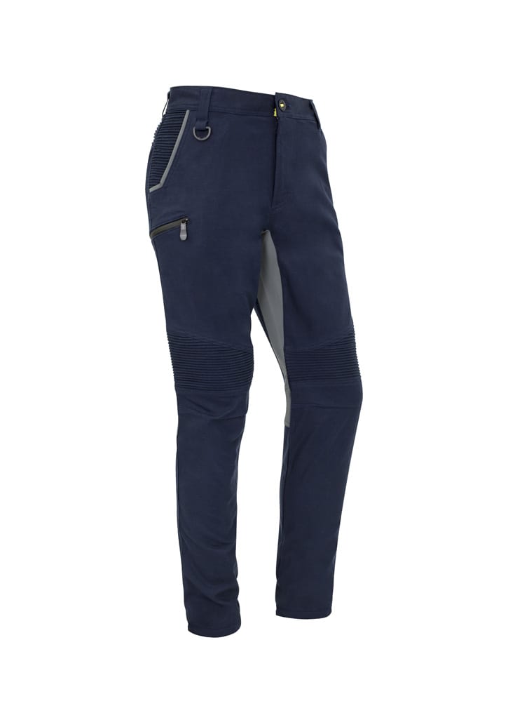 A pair of navy stretch pants with contrasting grey details and zippered pockets, featuring a logo.