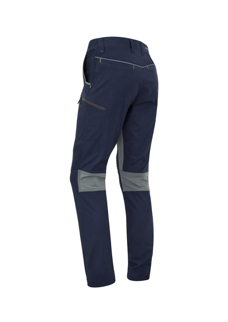 A pair of men's stretch work pants in navy blue with grey accents, featuring a zippered side pocket and a logo.